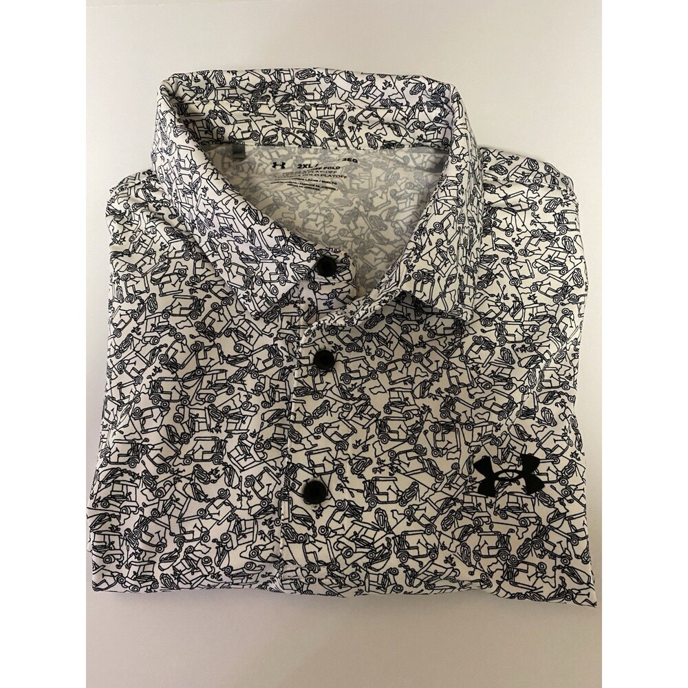 Under Armour The Playoff Polo Shirt Black White Golf Cart Print Men's 2XL